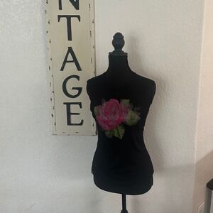 HSLA Black Mesh Overlay Rose Love Glitter Graphic Tank Top Small Made in USA